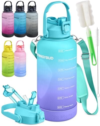 Tritan 1 Gallon Water Bottle with Straw & 6-in-1 Cap | Leakproof, Motivational Markers | No BPA — Turquoise & Purple