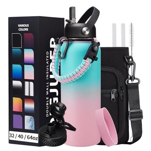 1 Gallon Stainless Steel Insulated Water Bottle with Strap & Sleeve, Straw Lid & Boot Protection — Green Pink Gradient