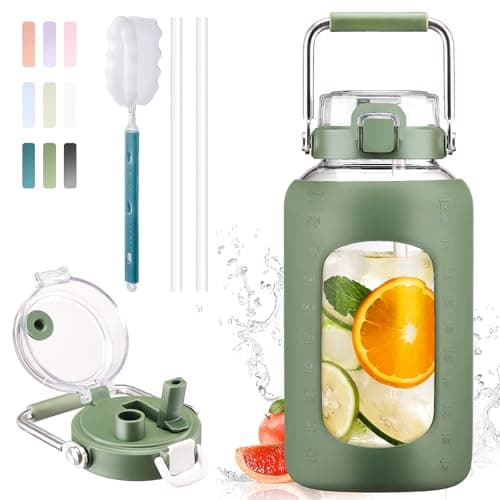 BLUEGO 84oz BPA Free Glass Water Bottle with Stainless Steel Handle and Silicone Sleeve