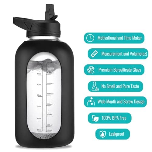 Half Gallon Glass Water Bottle with Straw and Handle, Black
