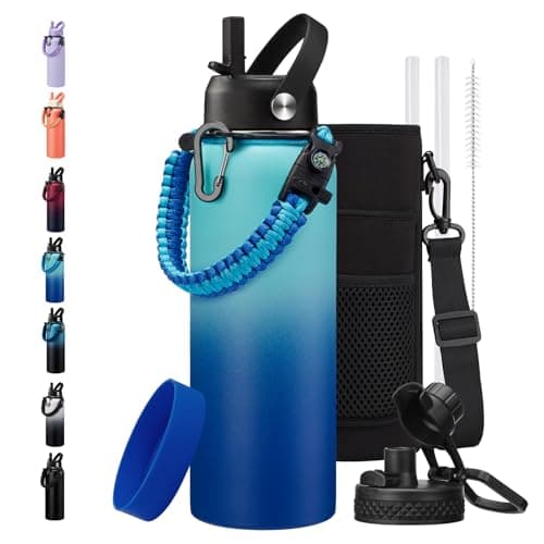 128oz Insulated Stainless Steel Water Bottle - Auto Chug Lid, Straw, Bag, Paracord Handle — Green Blue