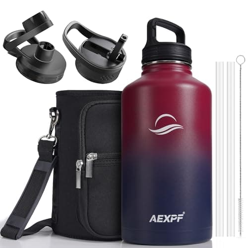 Large Insulated Water Jug, 64 oz Stainless Steel Straw Bottled for Gym and Camping, Black — Ruby Red Navy
