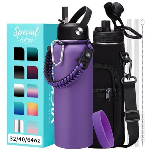 Thermo Mug Water Bottle with Straw & Auto Spout, Paracord Handle & Strap Carrier — Purple
