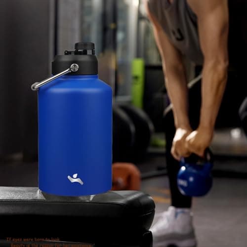 128 oz Insulated Blue Double Wall Stainless Steel Water Bottle with Handle & Pouch