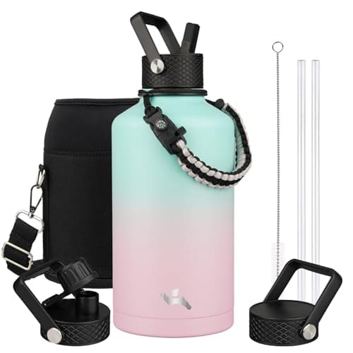 Gray Double Wall Insulated Water Bottle, 128 oz, 3 Lids, Paracord Handle, Carrying Bag — Gum