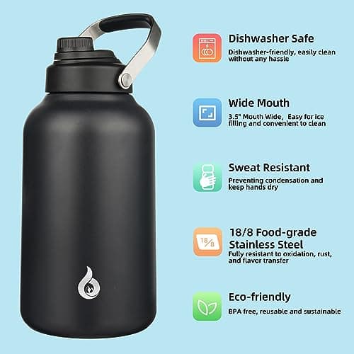 BJPKPK Insulated 1 Gallon Water Bottle, 128oz BPA Free Jug with Metal Handle & Lid, Stainless Steel Thermos for Gym, Spo