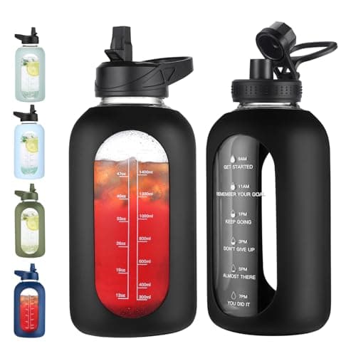 Half Gallon Glass Water Bottle with Straw and Handle, Black