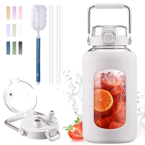 BLUEGO 84oz BPA Free Glass Water Bottle with Stainless Steel Handle and Silicone Sleeve — White