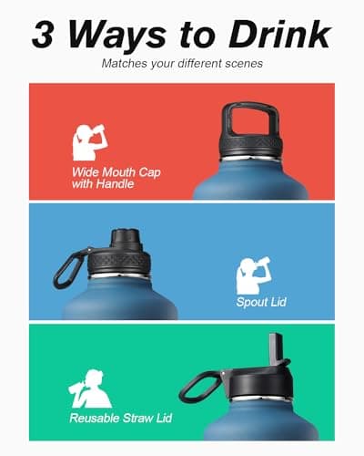Coolflask Insulated Water Bottle, 64 oz Wide Mouth, Straw & 3 Lids, Keeps Cold 48H, Hot 24H, Samurai Cyan