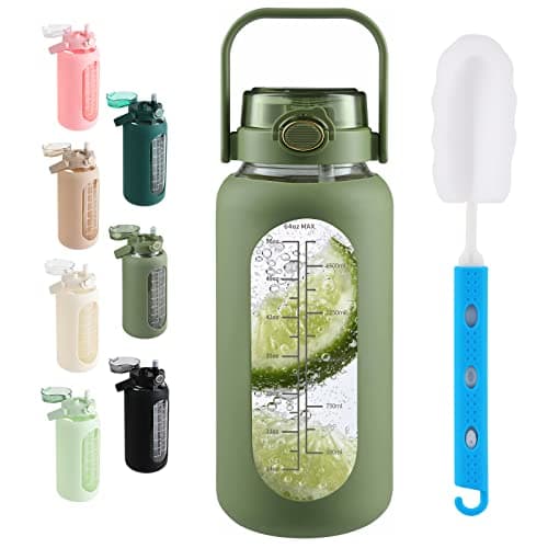 Sierozur 64oz Glass Water Bottle with Straw Lid & Handle Motivational Sleeve Workout Jug — Olive