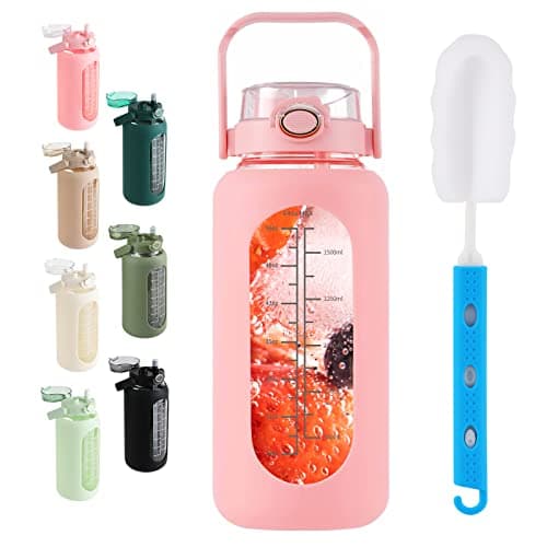 Sierozur 64oz Glass Water Bottle with Straw Lid & Handle Motivational Sleeve Workout Jug — Pink