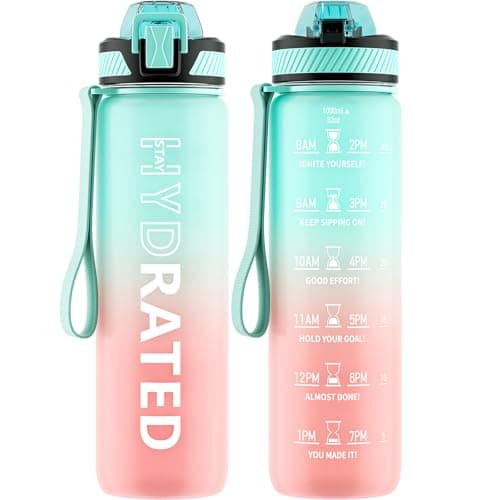 32oz Tritan BPA Free Water Bottle with Straw and Time Marker for Fitness — Green Pink
