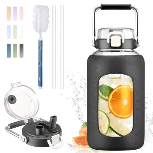 BLUEGO 84oz BPA Free Glass Water Bottle with Stainless Steel Handle and Silicone Sleeve — Black