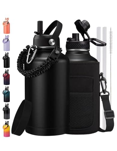 128 oz Insulated Stainless Steel Water Bottle, Keep Cold 48H, Leak-Proof Lid & Paracord Handle — Black