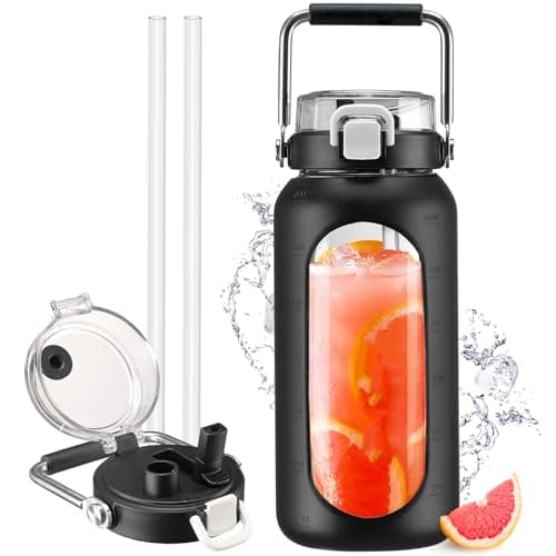 Motivational 64oz Glass Water Bottle with Straw and Stainless Handle — Black