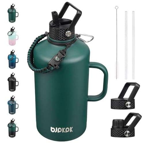 BJPKPK Army Green Insulated Stainless Steel Water Bottle, 50oz-128oz, Straw Lid & Paracord Strap