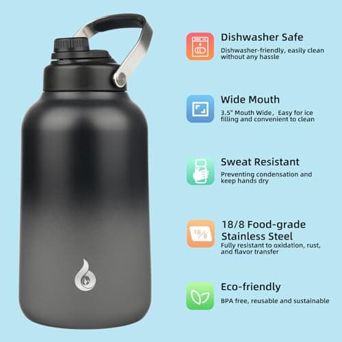 BJPKPK Insulated 1 Gallon Water Bottle, 128oz Black Grey, Dishwasher Safe & BPA Free