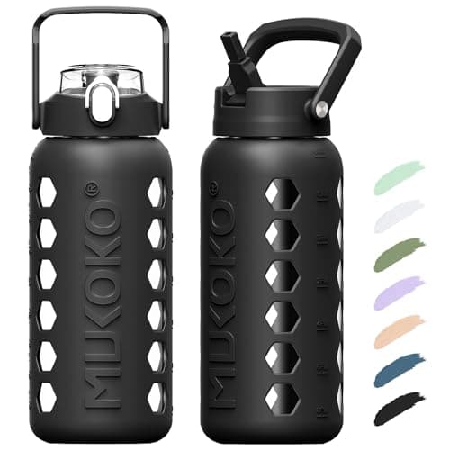 MUKOKO 64oz Glass Water Bottle with Straws & Silicone Sleeve — Black