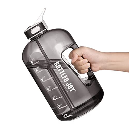 Jimacро 1 Gallon Water Bottle with Straw and Handle BPA-Free, Time Markings Tracker — Black