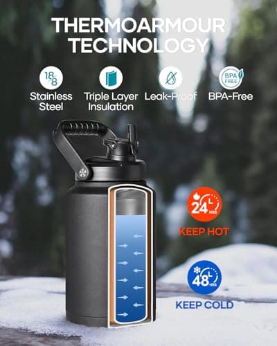 Buzio 128oz Insulated Water Bottle with Straw Lid & 2 Beer Cups, Black