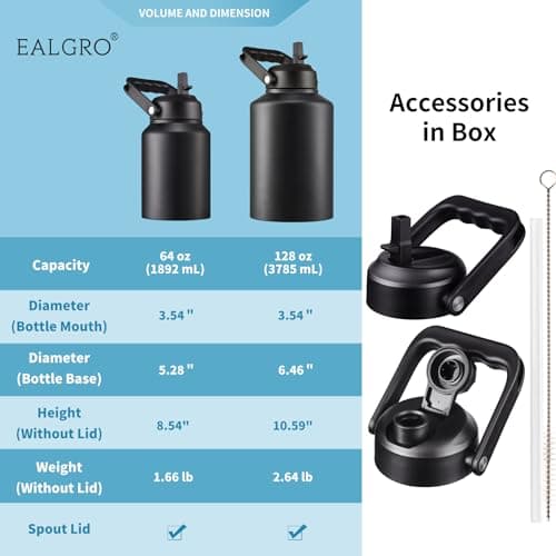 Thermal Insulated Water Bottle, 64oz Black, Stainless Steeljug with Straw