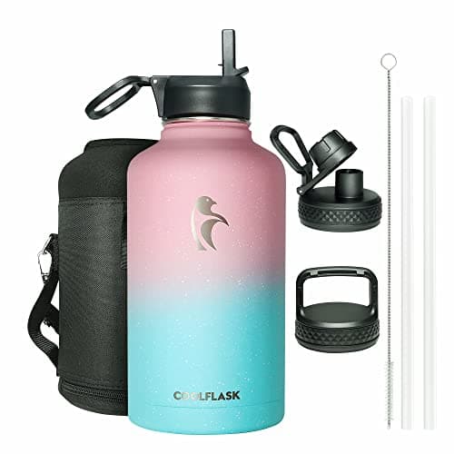 Coolflask Insulated Water Bottle, 64 oz Wide Mouth, Straw & 3 Lids, Keeps Cold 48H, Hot 24H, Samurai Cyan — Blooming Cherry