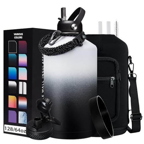 1 Gallon Stainless Steel Insulated Water Bottle with Strap & Sleeve, Straw Lid & Boot Protection — White Black Gradient
