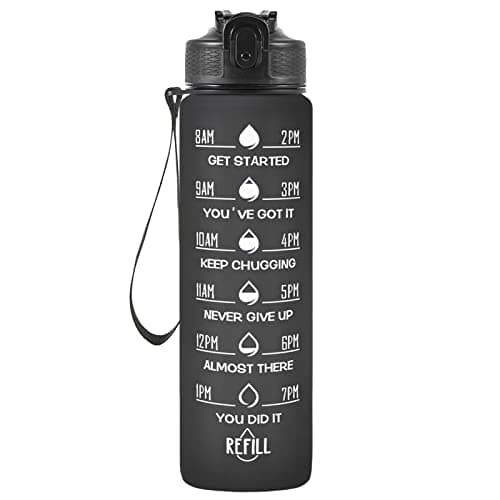 Hyeta 32 oz Motivational Water Bottle with Time Marker, Leakproof Fitness Bottle — Black Matte