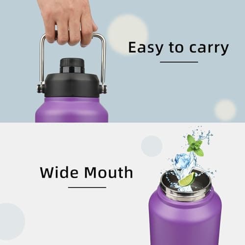 64 oz Insulated Double Wall Stainless Steel Water Bottle with Handle, Purple