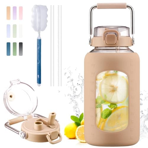 BLUEGO 84oz BPA Free Glass Water Bottle with Stainless Steel Handle and Silicone Sleeve — Amber
