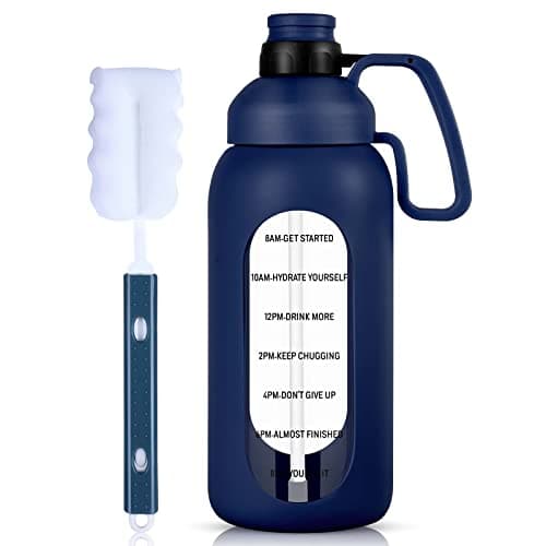 Aqulea Glass Water Bottle - 64 Oz, Straw, Pregnancy Tracker, Leakproof Gym Bottle with Sleeve — Navy Blue