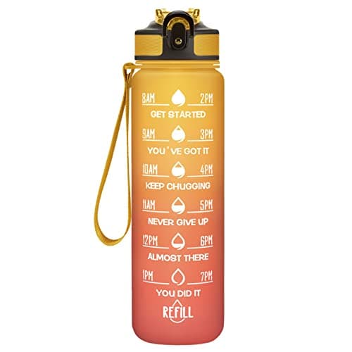 Hyeta 32 oz Motivational Water Bottle with Time Marker, Leakproof Fitness Bottle — Yellow-Red