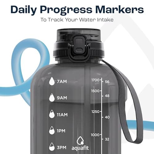 AQUAFIT Half Gallon Water Bottle With Time Marker - Straw & Chug Lid - Big Water Bottle With Straw - BPA Free Gym Water Bottle With Handle - Half Gallon Water Jug (64 oz - 2in1 Lid, Black) -> AQUAFIT Half Gallon Water Bottle with Time Marker and Hand