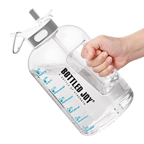 Jimacро 1 Gallon Water Bottle with Straw and Handle BPA-Free, Time Markings Tracker — White