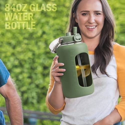 BLUEGO 84oz BPA Free Glass Water Bottle with Stainless Steel Handle and Silicone Sleeve