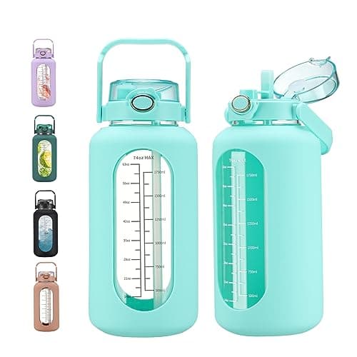 Large Motivational Water Bottle with Time Marker and Silicone Sleeve 2.2L Gym Workout — Green