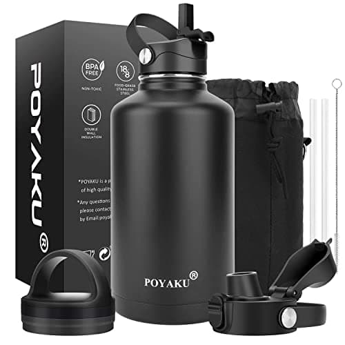 Insulated Stainless Steel Water Bottle, 32oz-128oz, Leak-Proof Straw Lid — 64oz Magic Black