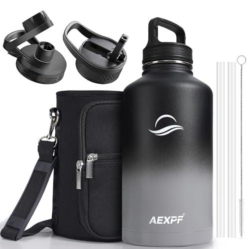 Large Insulated Water Jug, 64 oz Stainless Steel Straw Bottled for Gym and Camping, Black — Black and Gray