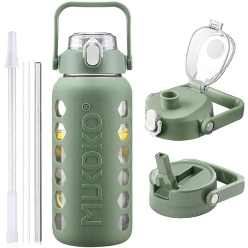 MUKOKO 64oz Glass Water Bottle with Straws & Silicone Sleeve