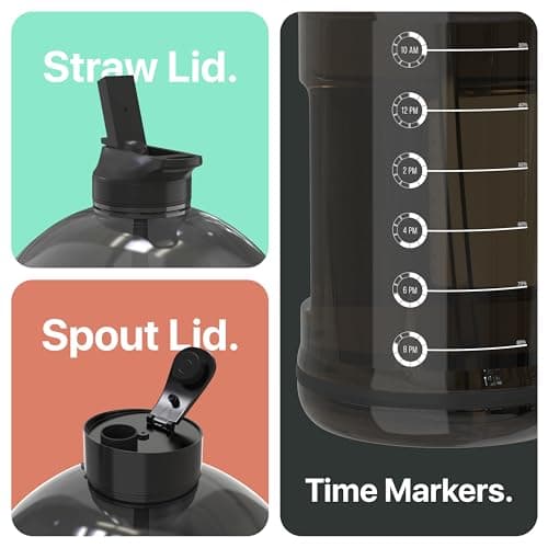1 Gallon Water Bottle Jug with Straw & Spout Lid, Handle, Time Marker, BPA Free, 128oz (Black)