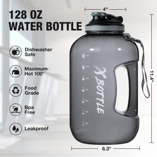 BPA Free 1 Gallon Chug Lid Water Bottle with Motivational Marker and Handle (128oz)