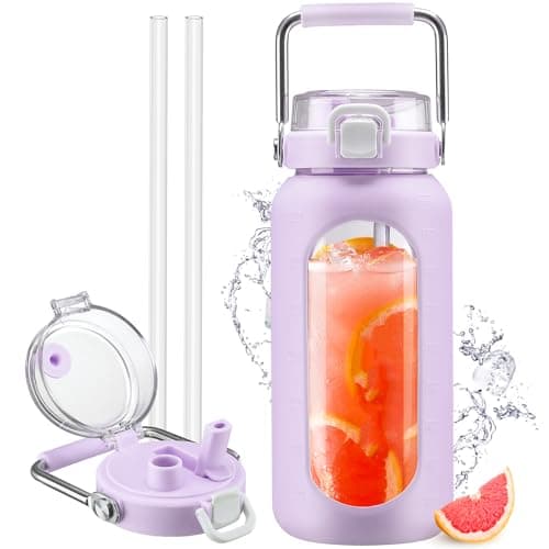 Motivational 64oz Glass Water Bottle with Straw and Stainless Handle — Purple