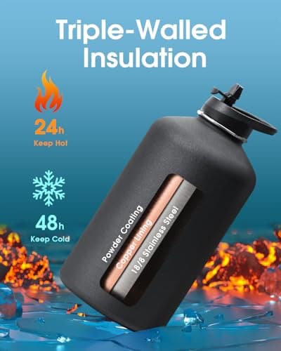 Coolflask 128 oz Insulated Water Bottle with PU Sleeve, Polar Black, Color Contrast Straw Lid