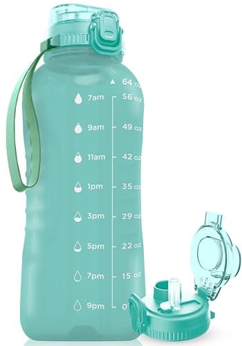 AQUAFIT 128 oz Nebula Water Bottle for Gym with Straw & Chug Lid - BPA Free Timer Marked Anatomical Big Jug with Strap — Cool Mint