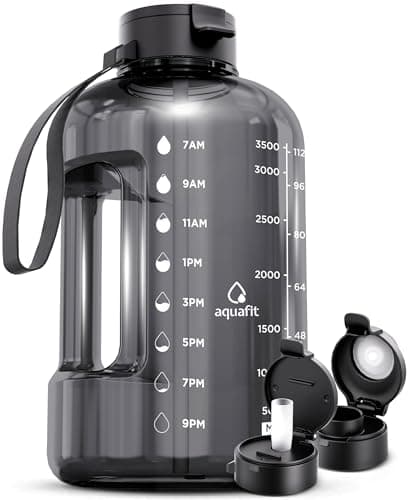 AQUAFIT 1 Gallon Water Bottle for Gym with Time Marker and Straw Lid - BPA Free Big Water Jug - Gray