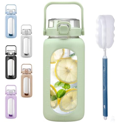 BLUEGO 64oz Large Glass Water Bottle with Straw & Time Marker, White — Green