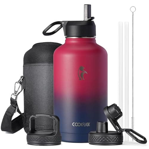 Coolflask Insulated Water Bottle, 64 oz Wide Mouth, Straw & 3 Lids, Keeps Cold 48H, Hot 24H, Samurai Cyan — Ombre Wine/Navy
