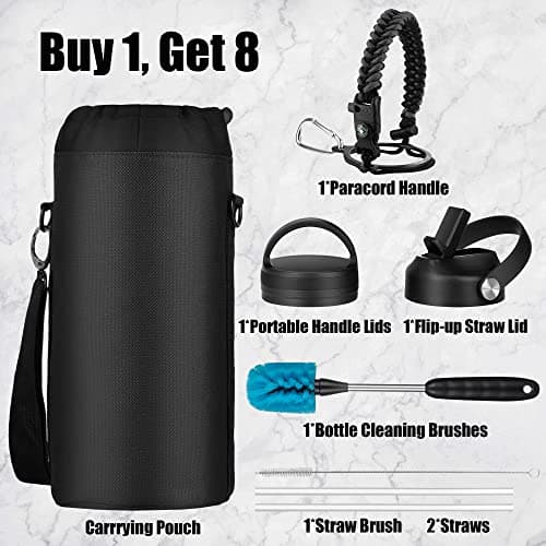 Black & Grey 128 oz Double Wall Stainless Steel Water Bottle with Paracord Handle & Brush, Carrying Pouch & 2 Lids - Gre