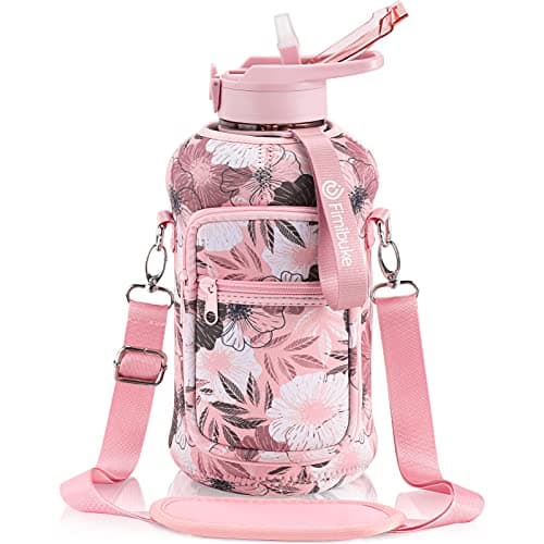 Fimibuke Half Gallon Leakproof Water Bottle with Handle & Straw — A4.Floral Pink