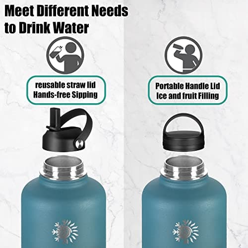 Black & Grey 128 oz Double Wall Stainless Steel Water Bottle with Paracord Handle & Brush, Carrying Pouch & 2 Lids - Gre